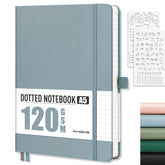 AHGXG Bullet Dotted Journal - Dot Grid Notebook Journal, 120 GSM Thick Acid-Free Paper, A5 Dotted Notebook 160 Pages, Leather Hardcover, Inner Pocket, Journal Stencil, 5.7'' × 8.3'' - Gray Blue